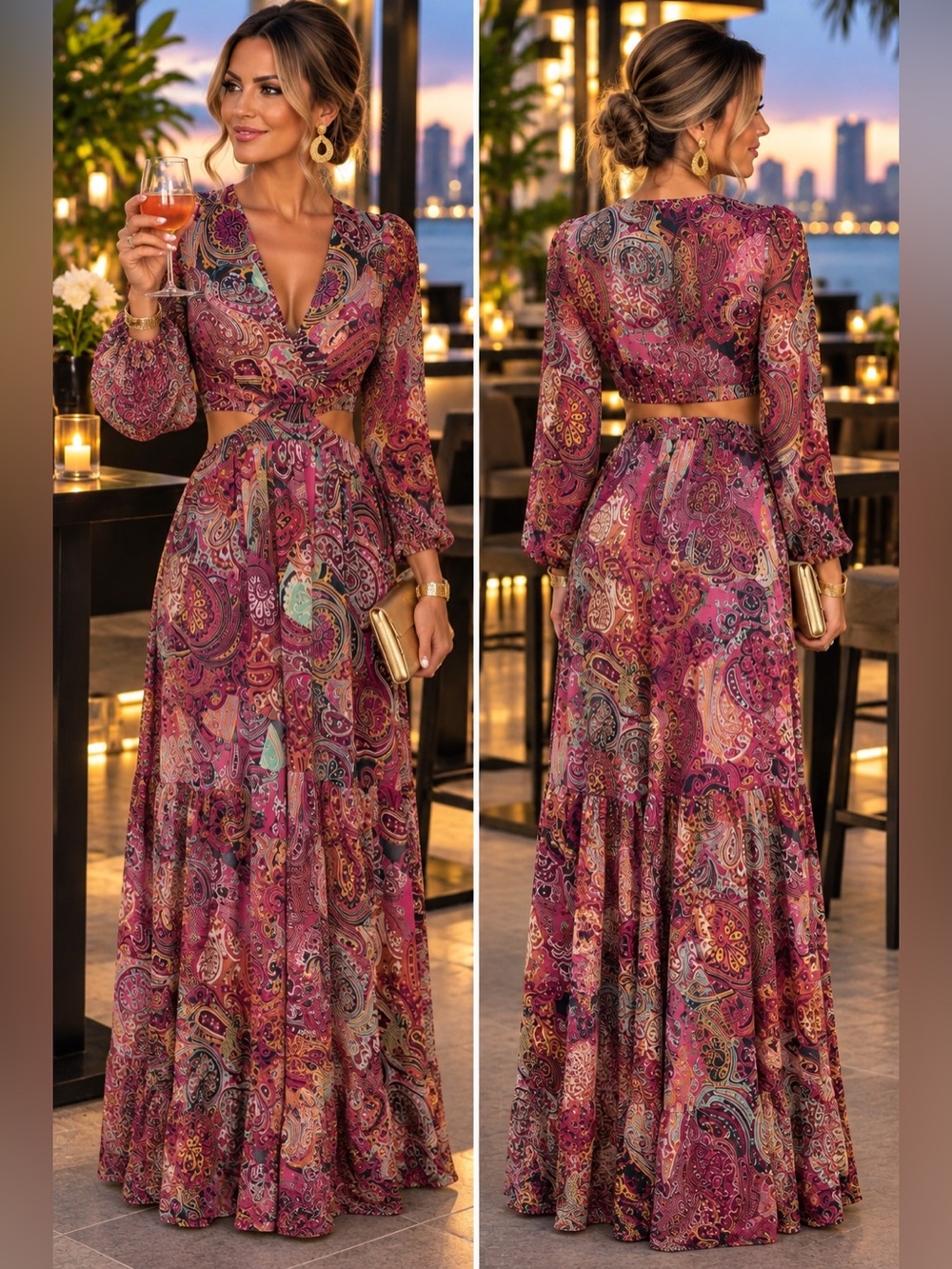 ZARA Paisley Cut-Out Maxi Dress Long Sleeve Boho